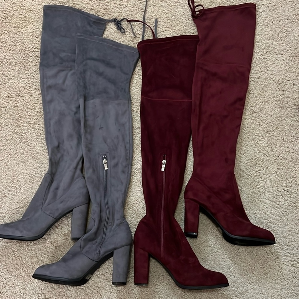Over the Knee Grey and Burgundy Suede Boots